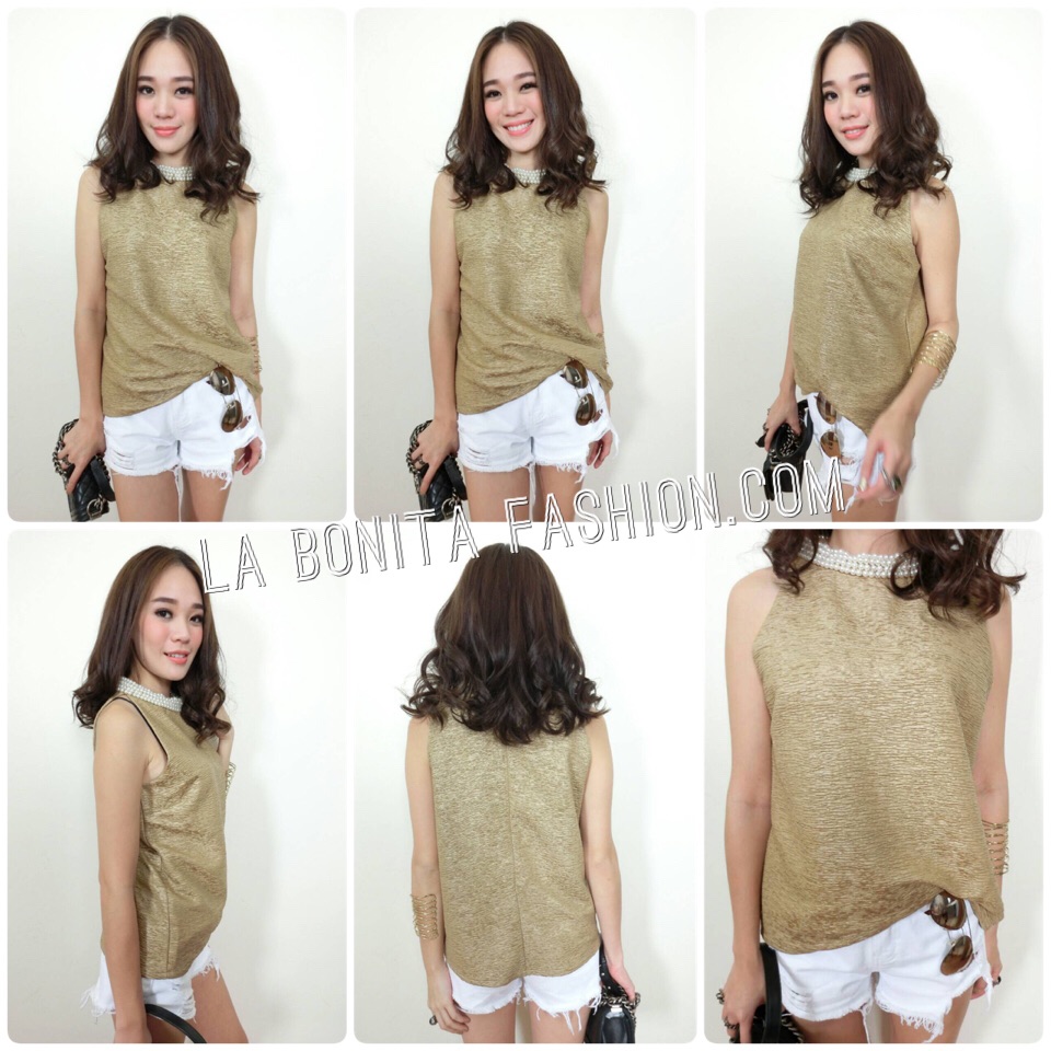 Up Town Pearl Blouse เสื้อแขนกุดเว้าผ้ามี textureนูน คอประดับมุก (รอบคอ)