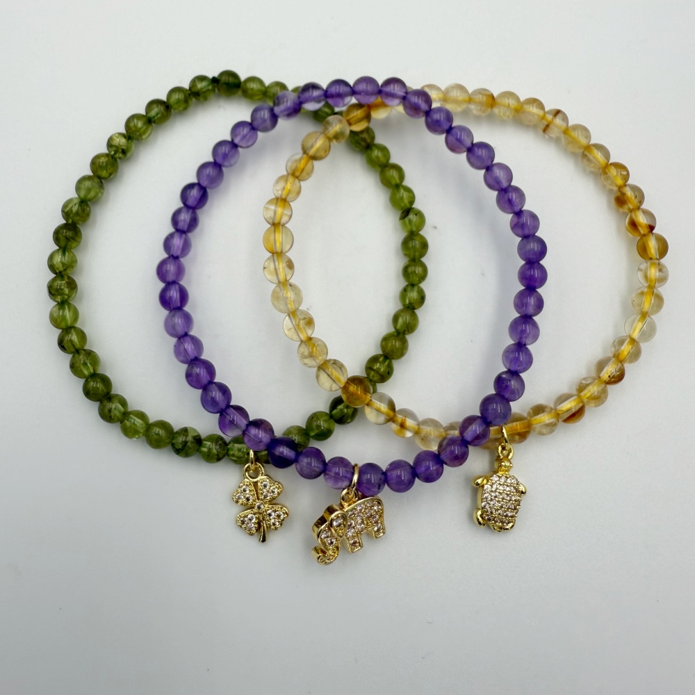 Health, Luck , Wealth Set : Healthy Turtle Citrine , Lucky Clover leaves Peridot and Wealthy Elephant Amethyst (SET 3 BRACELETS)