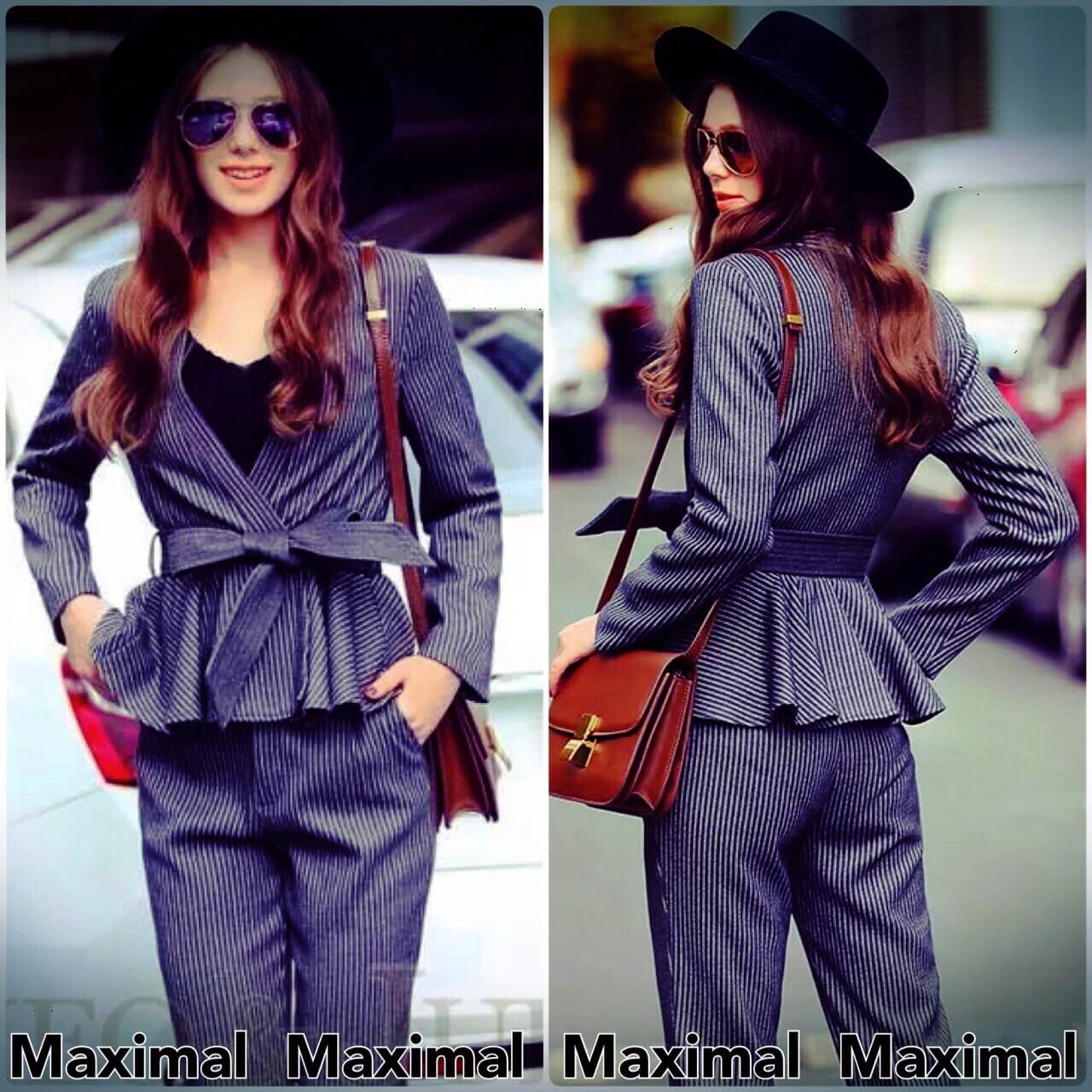 เสื้อสูทลายทางตรงชายระบายบานพร้อมเข็มขัดผ้า มาพร้อมป้ายคอ Christian Dior