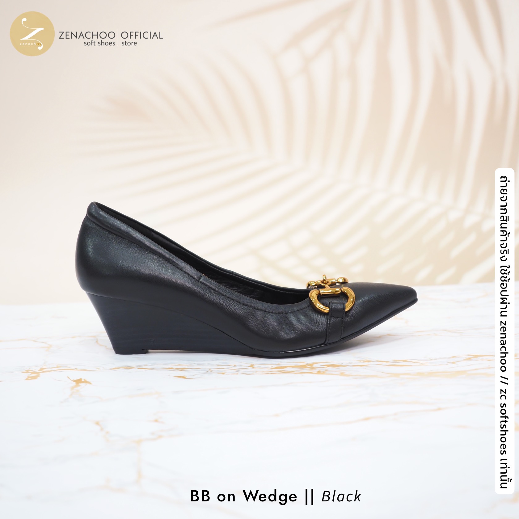 ทรงปกติ เปลี่ยนไซส์ได้-ไม่รับคืน Zenachoo รุ่น BB on Wedge สูง 2 นิ้ว รองเท้าส้นเตารีด หัวแหลม หนังแกะแท้