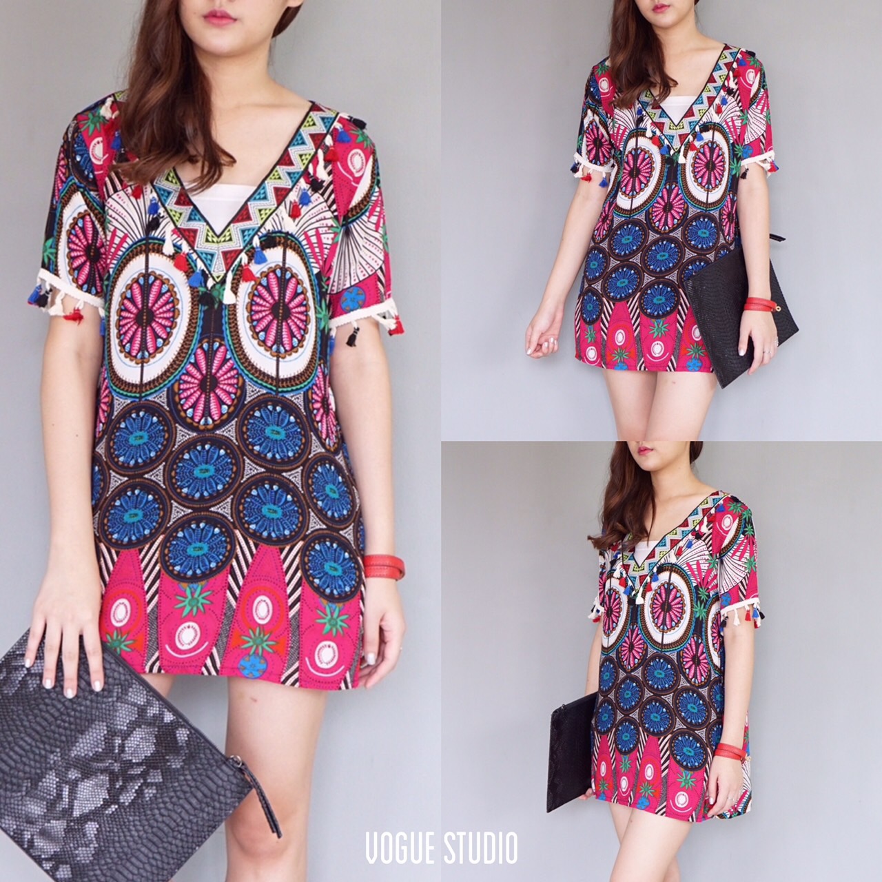 SALE 30%เดรสคอวี ปริ้นลายเก๋ๆ ภาพสีคมชัด สไตล์ bohemian ทั้งตัว เพิ่มลูกเล่นแต่งพู่ที่อกและชายแขน ทรงน่ารักมากคะ เนื้อผ้าดี ใส่สบายสุดๆ