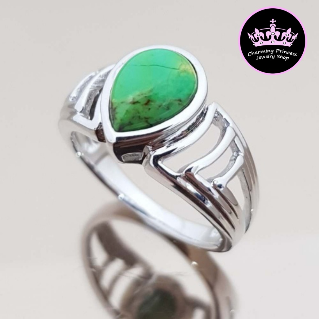 แหวนหินนําโชค เงินแท้ 925 เทอร์ควอยซ์ สีเขียว Turquoise เทอร์ควอยซ์ Turquoise เทอร์ควอยซ์ สีเขียว Pear Shape หยดน้ำ 10x7 มม Green Turquoise Pear Shape Geomatric Design Ring 925 Sterling Silver