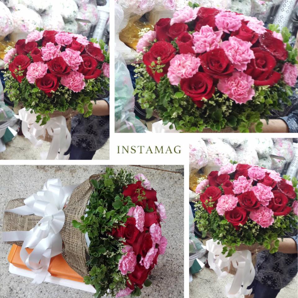 ช่อดอกไม้สด ดอกเยียบีร่า คาร์เนชั่น สีชมพู