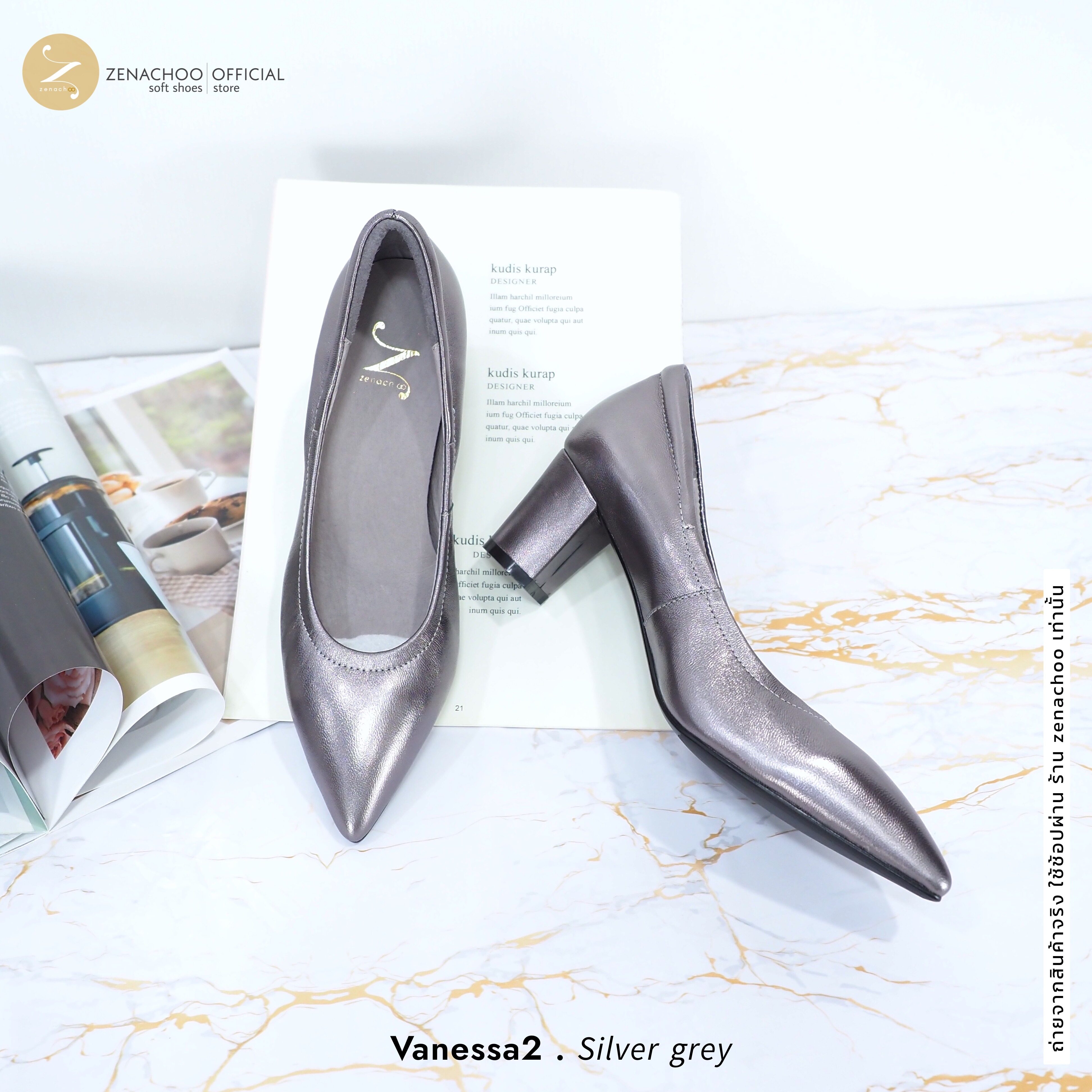 ทรงปกติ เปลี่ยนไซส์ได้ ไม่รับคืน Zenachoo Vanessa2 สี Siliver grey สูง 2 นิ้ว รองเท้าหนังแกะนิ่ม หัวแหลมทรงสวย