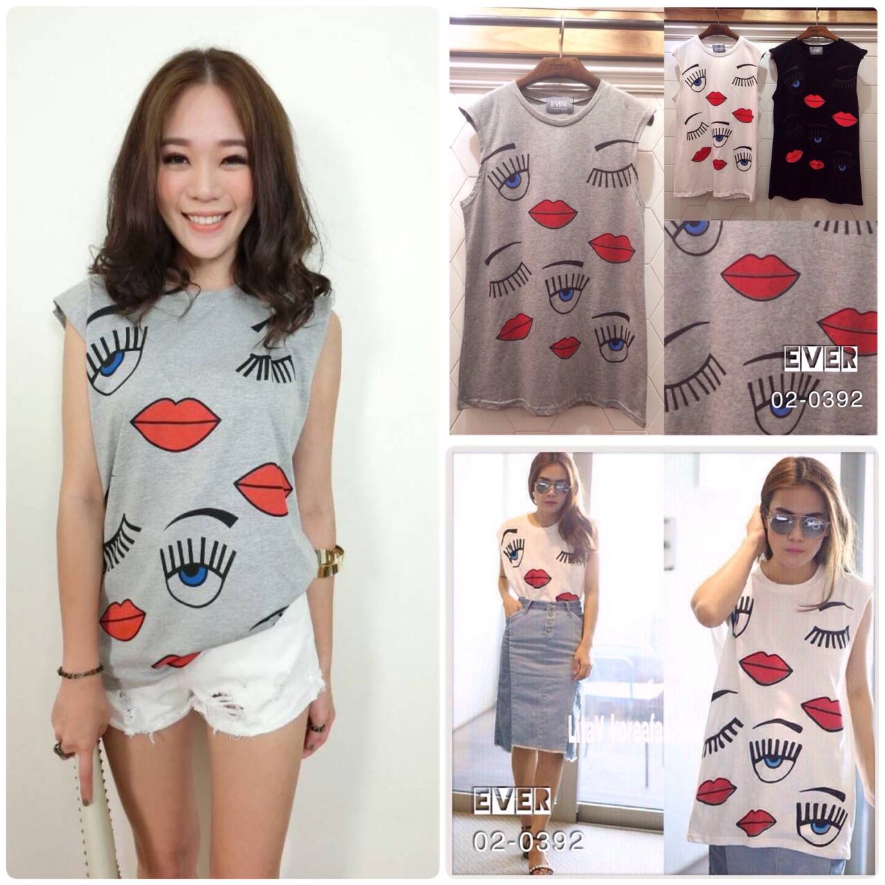 Style Korea Eye & Mouth Print Tee เสื้อยืดแขนกุดพิมพ์ลายดวงตาและปากสีแดงสดใส