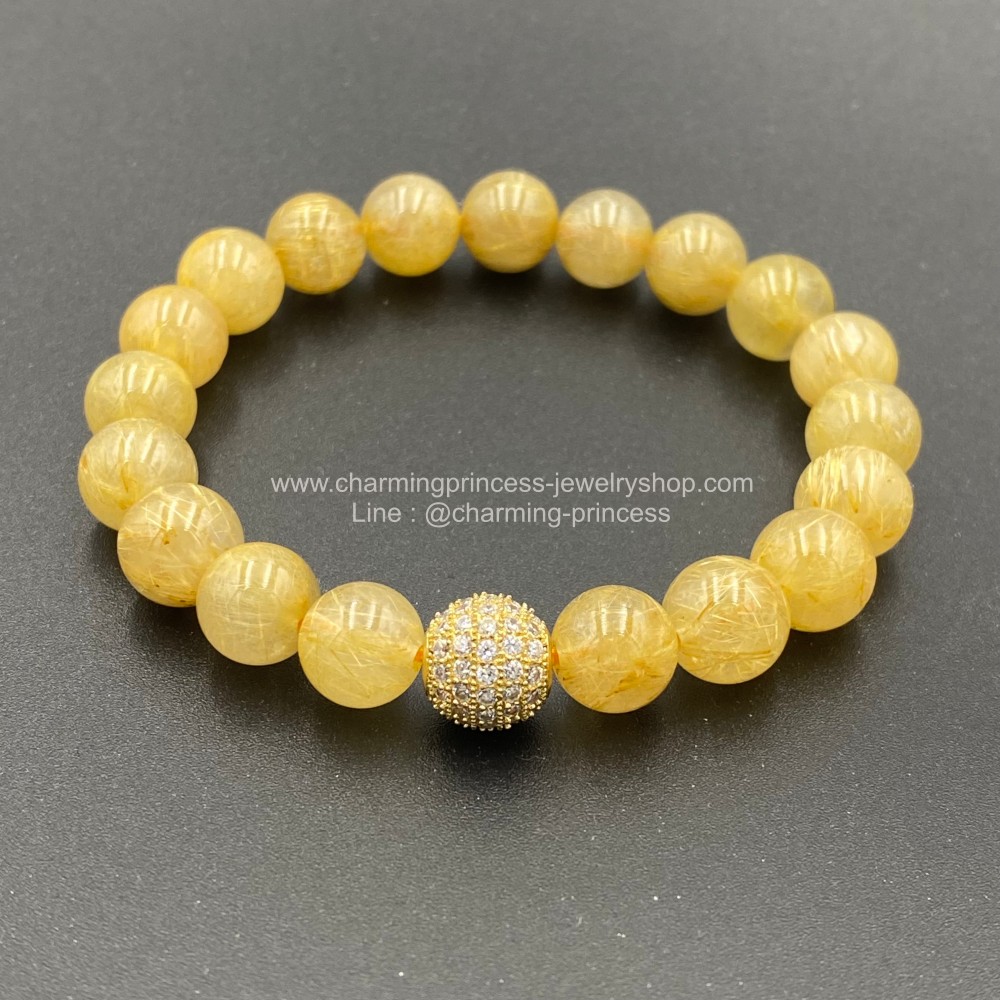 Gold Rutilated Quartz 9 mm ไหมทอง เห็นไหมชัดสุดสุด เป็นประกายทองเจิสจรัส นำพาความมั่งคั่งร่ำรวย และทรัพย์สินและโชคลาภ อำนาจบารมีมาสู่ผู้เป็นเจ้าของ พร้อมลูกบอล ประดับ CZ ชุบทอง