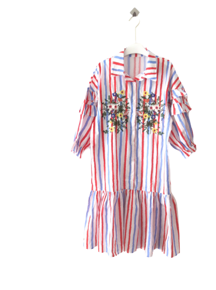 เดรสลายทางปกเชิ้ตปลายเดรสจับจีบระบายน่ารักๆสไตล์สาวเกาหลี