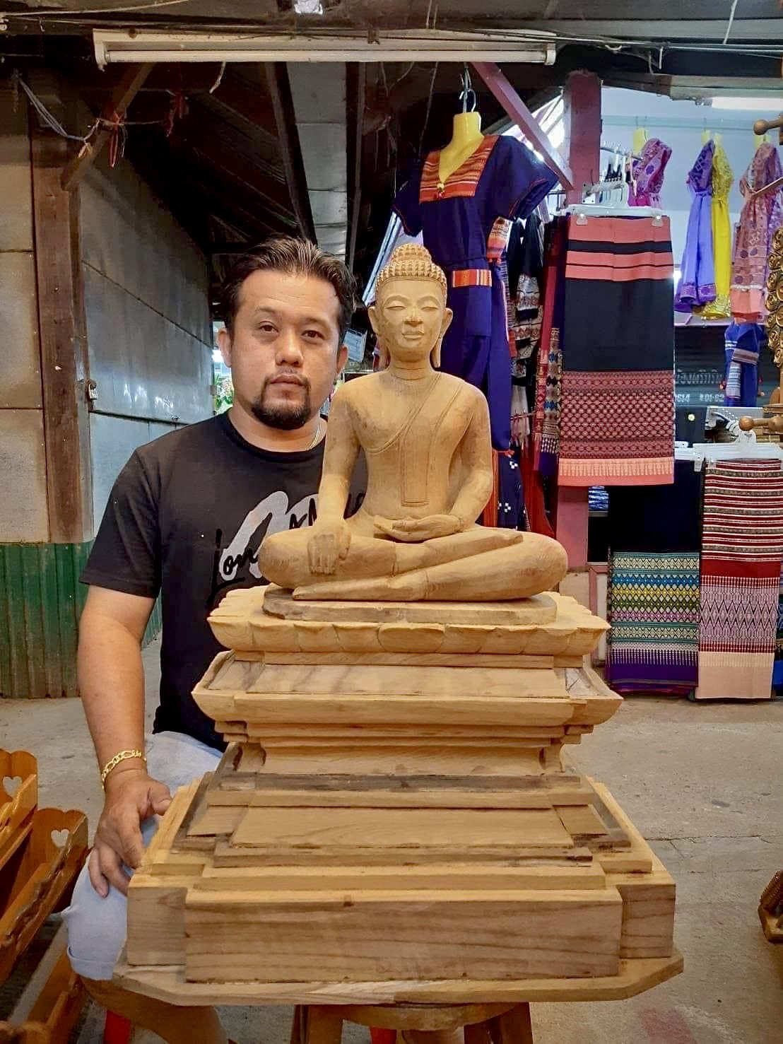 พระปางมารวิชัยไม้สักแกะสลัก หน้าตัก12นิ้ว