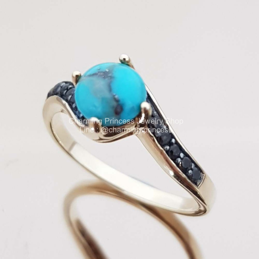 แหวนหินนําโชค เงินแท้ 925 เทอร์ควอยซ์ สีฟ้าจาก อเมริกา Turquoise ทรงรูปกลม 6.5 มม / 1 เม็ด Smoky Quartz สโมกกี้ควอตซ์ กลม 1.5 มม / 10 เม็ด สำเนา
