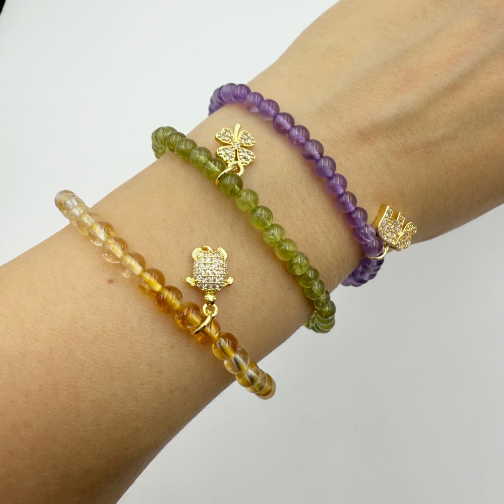 Health, Luck , Wealth Set : Healthy Turtle Citrine , Lucky Clover leaves Peridot and Wealthy Elephant Amethyst (SET 3 BRACELETS)