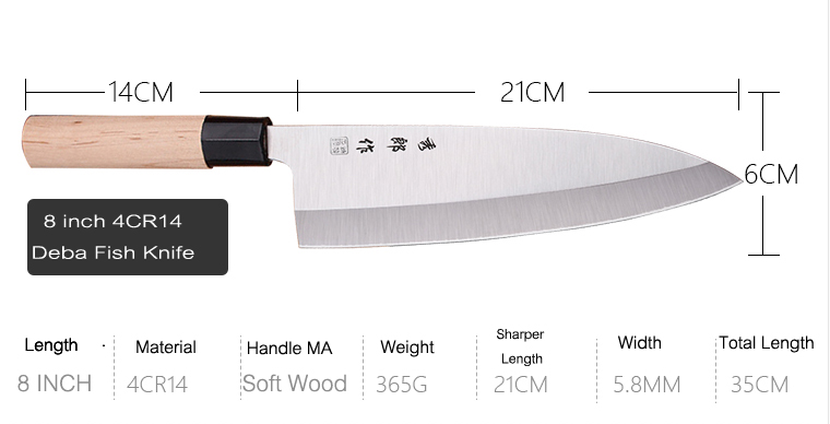 KN01 มีดแล่ปลาสเตนเลส ทำครัว (Deba) ขนาด 8 นิ้ว คุณภาพสูง Japan คมสุดๆ