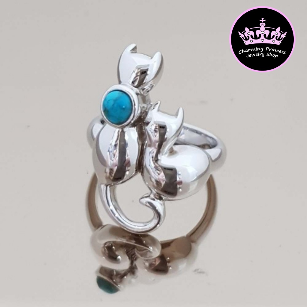 แหวนหินนําโชค รูปแมว เงินแท้ 925 เทอร์ควอยซ์ สีฟ้าจาก อเมริกา Turquoise ทรงรูปกลม 5 มม Turquoise Cat Design Ring 925 Sterling Silver