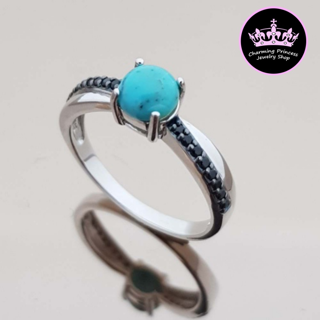 แหวนหินนําโชค เงินแท้ 925 เทอร์ควอยซ์ สีฟ้าจาก อเมริกา Turquoise ทรงรูปกลม 5 มม / 1 เม็ด Black Spinel แบล็ค สปิเนล กลม 1.25 มม / 16 เม็ด Turquoise and Black Spinel Ring 925 Sterling Silver