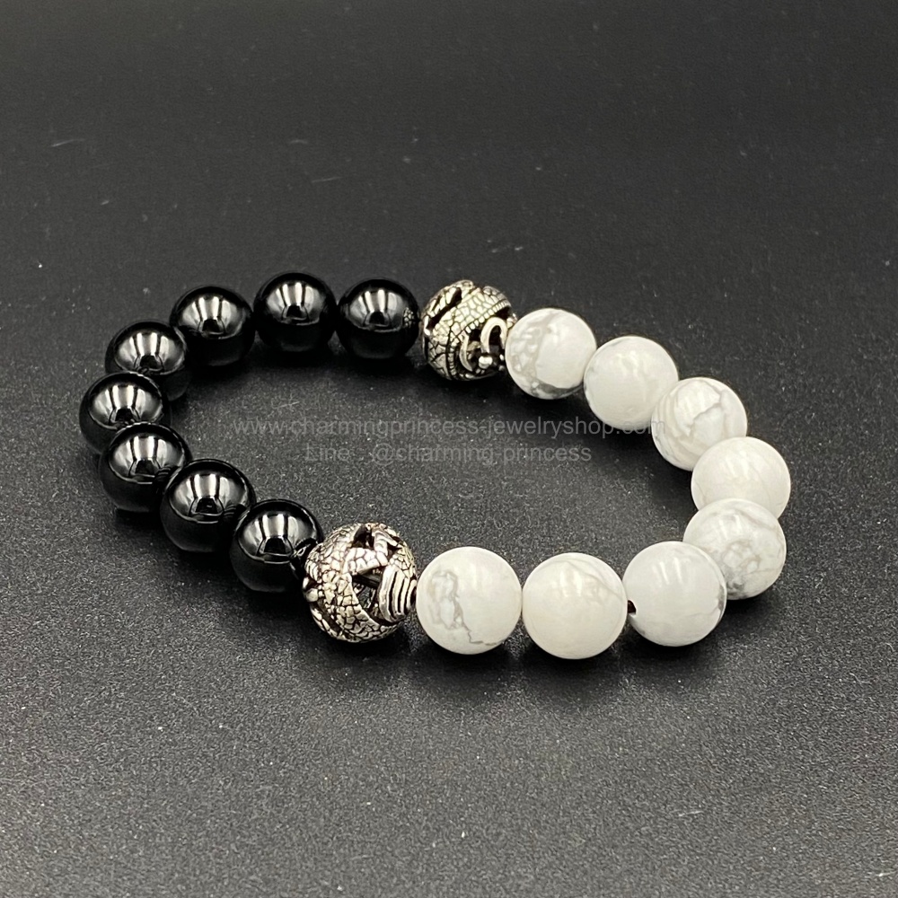 Black Onyx, Howlite with Sterling Silver Double Dragon โอนิกส์ และ ฮาวไลท์ 10 มม ประดับเงินแท้มังกรคู่