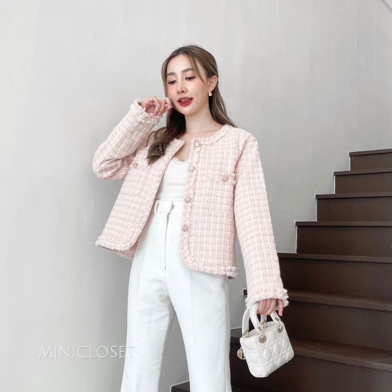 เสื้อทวีตแขนยาว เสื้อคลุมผ้าทวีตสีชมพู สีครีม งานสวยหรู