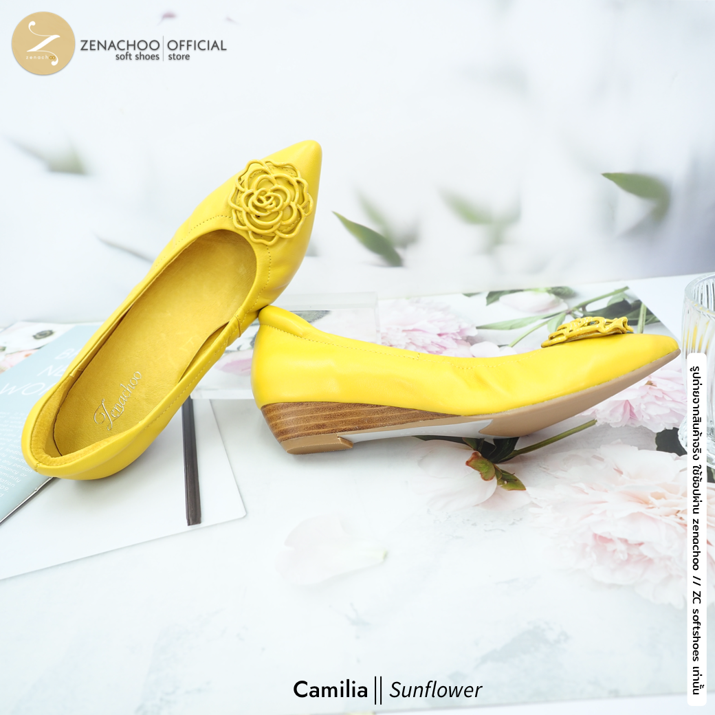 ทรงปกติ เปลี่ยนไซส์ได้-ไม่รับคืน รุ่นขายดี Zenachoo Camilia สูง 1 นิ้ว รองเท้าหนังแกะแท้ หัวแหลมหน้ากว้าง