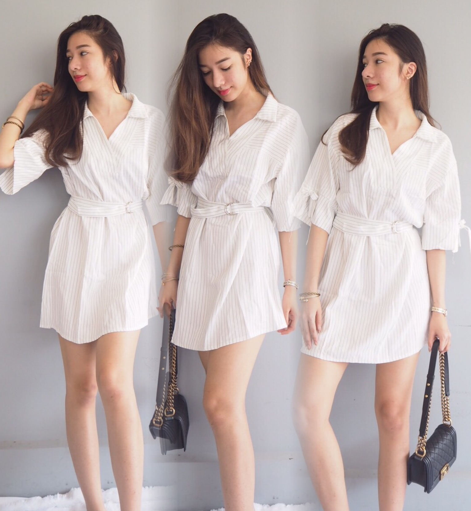 เดรสเชิ้ตทรงเก๋ ผ้าพิมพ์ลายทางในตัว งานเกาหลี style stylenanda ผ้าดีมีน้ำหนักค่ะ มาคู่กับเข็มขัดสามารถผูกได้หลายแบบ ใส่ได้เรื่อยๆค่ะ