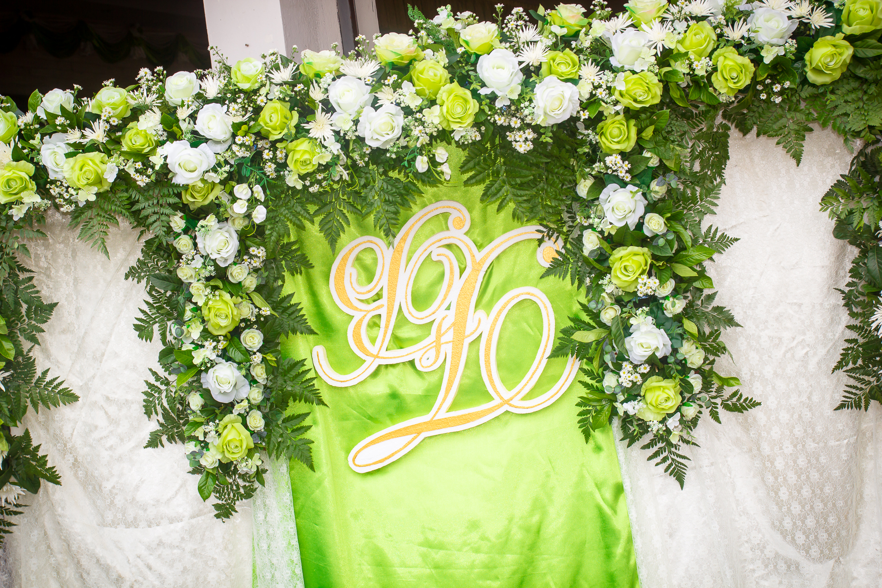 ซุ้มถ่ายรูป ธีมงาน เขียวขาว