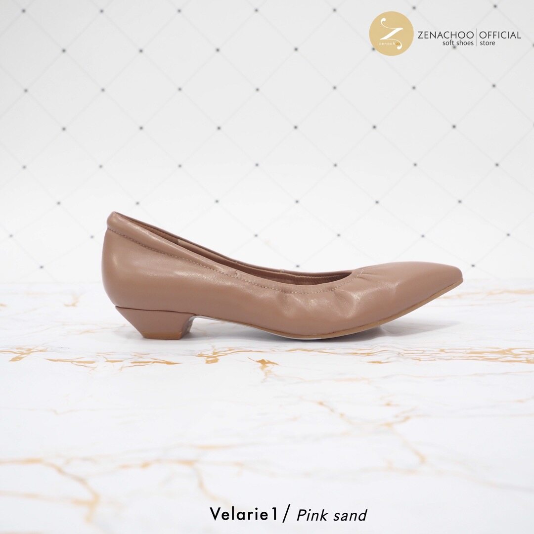 ทรงปกติ เปลี่ยนไซส์ได้ ไม่รับคืน Zenachoo รุ่นขายดี Velarie1 สูง 1นิ้ว สี Pink sand รองเท้าหัวแหลมหนังแกะแท้