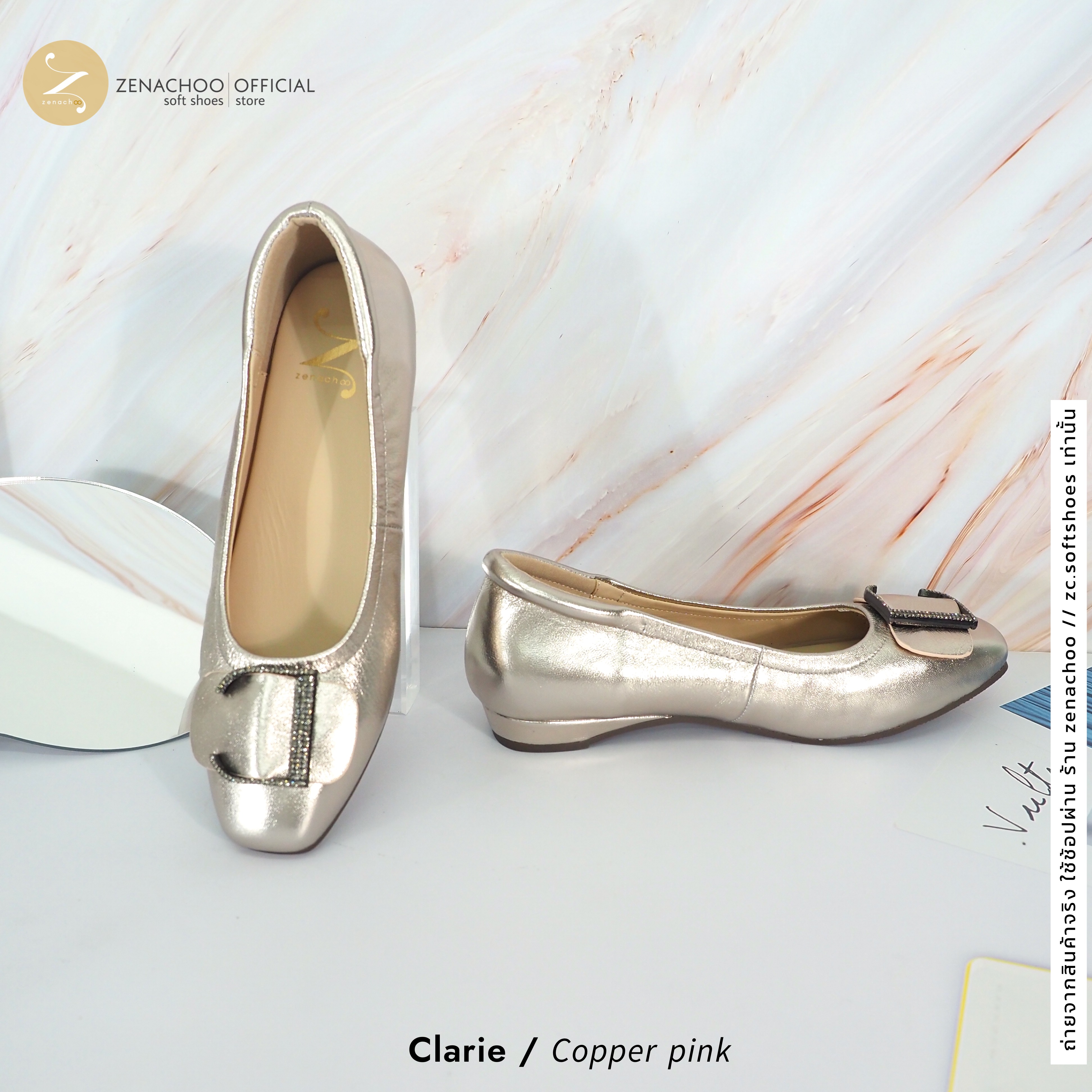 ทรงใหญ่ ลด 1 ไซส์ เปลี่ยนไซส์ได้-ไม่รับคืน Zenachoo รุ่น Claire สูง 1 นิ้ว รองเท้าหนังแกะแท้ หนังนิ่ม พื้นนุ่ม