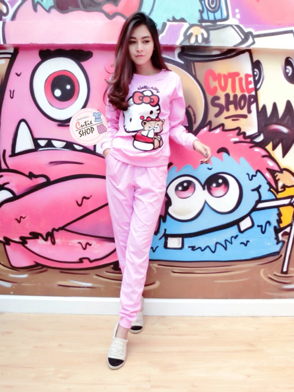 งานเซทเสื้อแขนยาวกับกางเกงขายาว สกรีน hello kitty