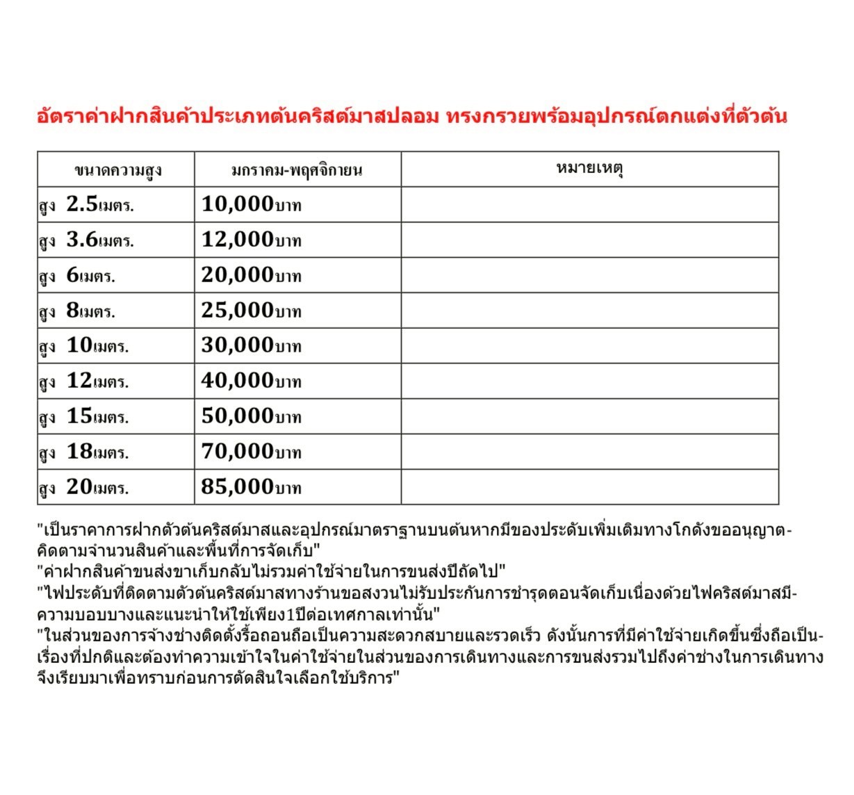 ค่าบริการฝากสินค้าประเภทต้นคริสต์มาสปลอมในแต่ละชนิด