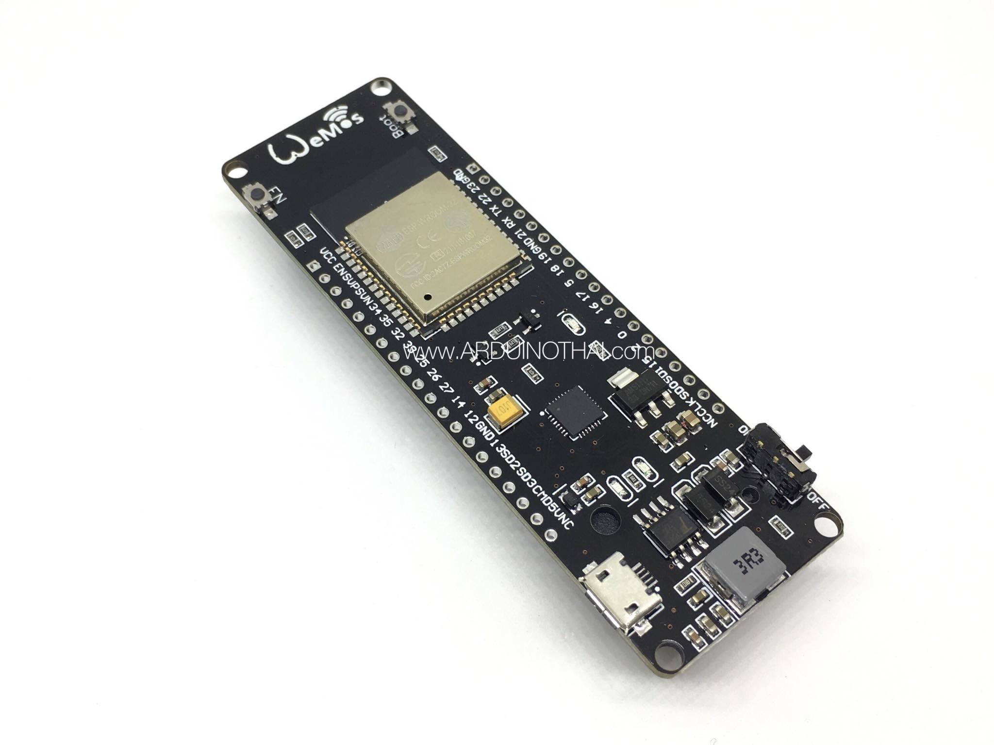 Wemos ESP32 wifi and bluetooth + 18650 Battery Socket บอร์ด ESP32 พร้อมวงจรชาร์จแบตในตัว สต็อกไทยส่งไว