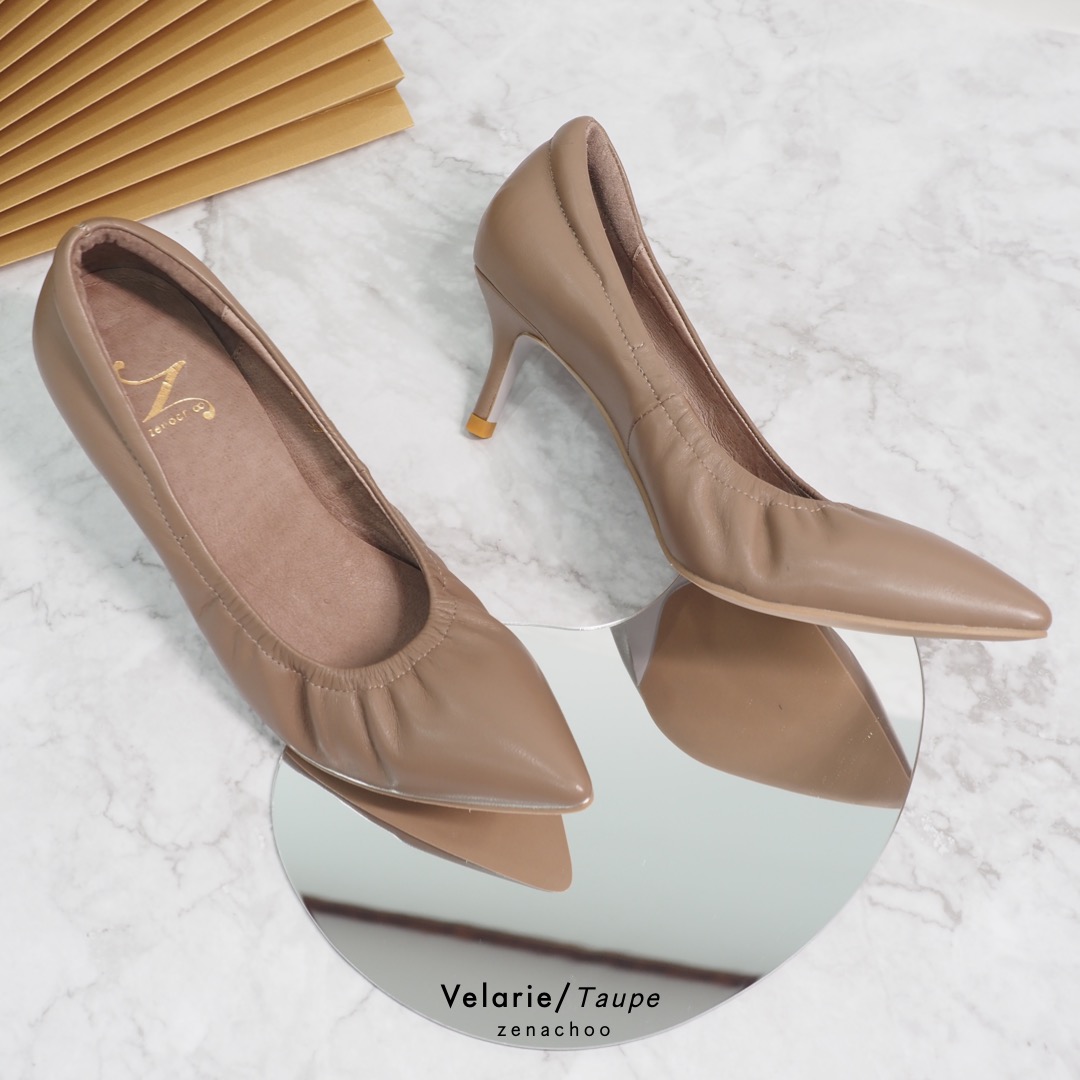 ทรงปกติ เปลี่ยนไซส์ได้-ไม่รับคืน รุ่นขายดี Zenachoo Velarie2 สูง 2 นิ้ว สี taupe รองเท้าหนังแกะแท้ หัวแหลมหน้ากว้าง