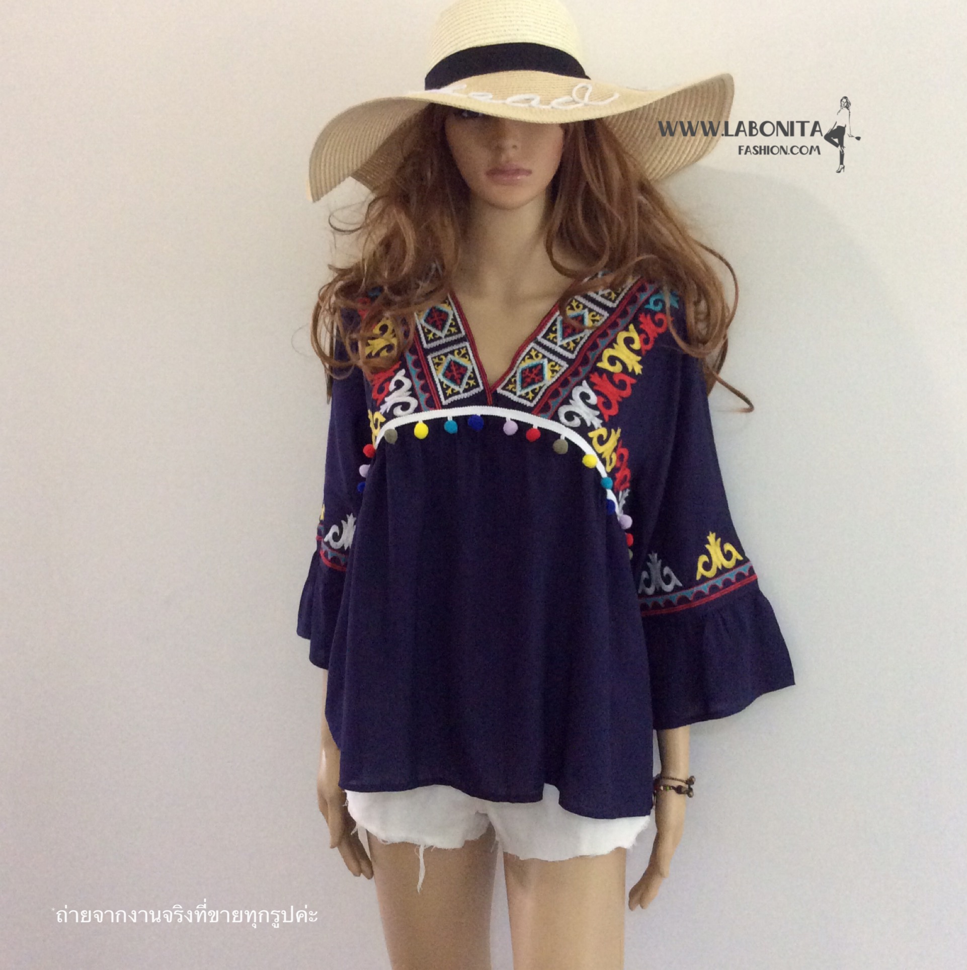 เสื้อโบฮีเมียน คอวี ปักลายสไตล์เกาหลี