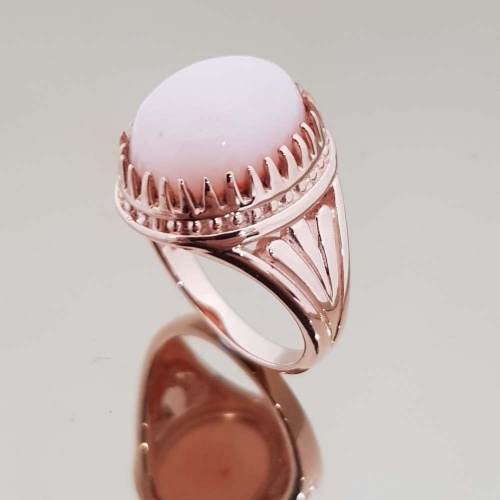 แหวนโอปอลสีชมพู ทำจากเงินแท้ชุบพิงค์โกลว์ 925 & 14K Rose Gold Plated , Pink Opal , Oval 16x12 mm Statement Ring