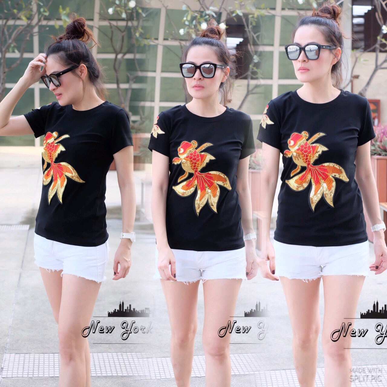 เสื้อยืดแขนสั้น งานปักปลาทอง ผ้ายืดเนื้อดีมากๆ