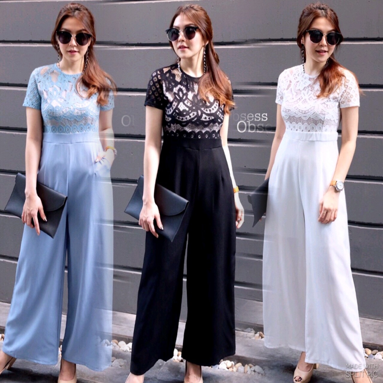 New in!!! Blossom lace jumpsuit จั้มสูทขายาว เสื้อลูกไม้อย่างดี เนื้อนิ่ม ซับด้วยผ้าสีครีมกางเกงทรงขากระบอกใหญ่ ทรงสวยมาก มีกระเป๋าข้าง ใส่สบายซิปหลัง
