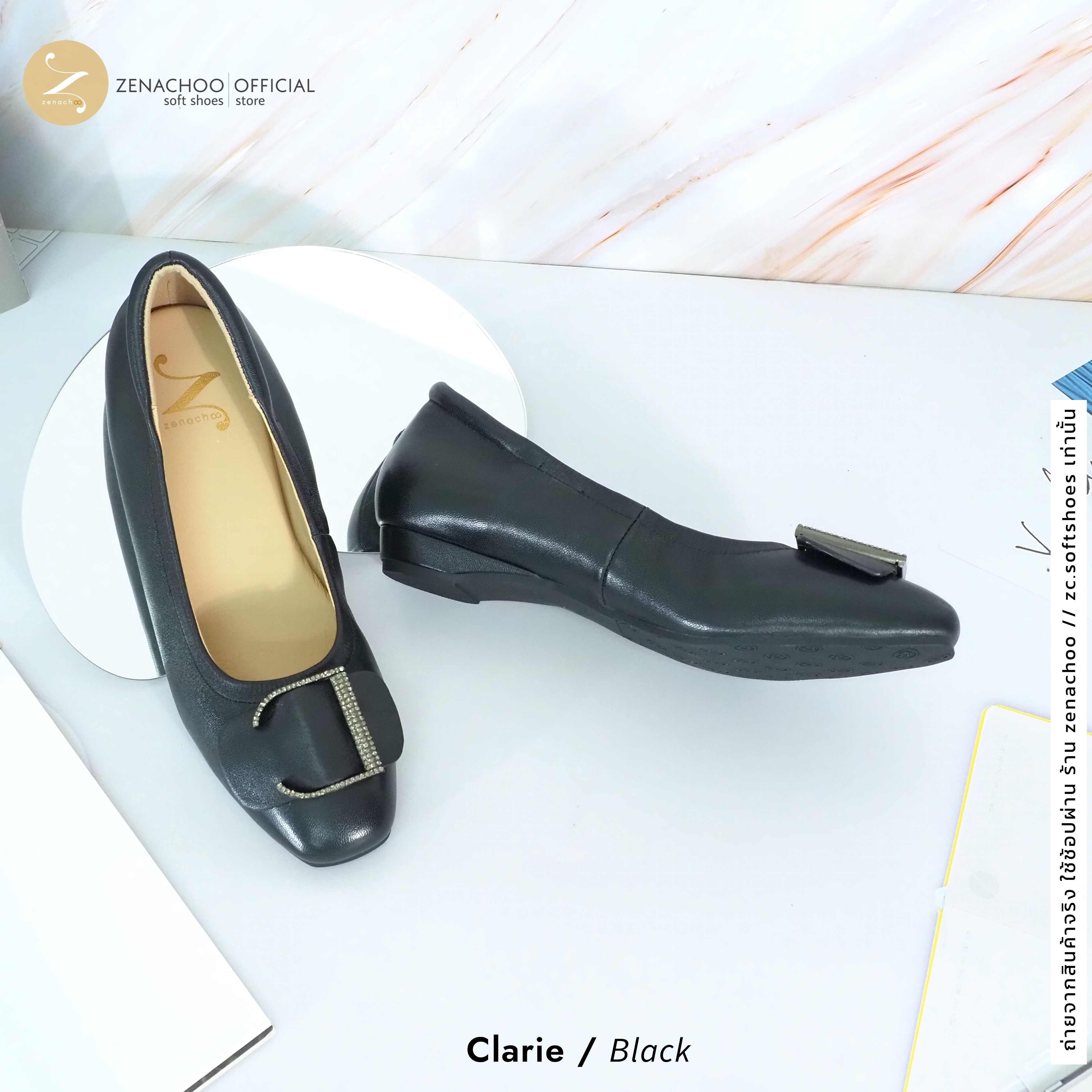 ทรงใหญ่ ลด 1 ไซส์ เปลี่ยนไซส์ได้-ไม่รับคืน Zenachoo รุ่น Claire สูง 1 นิ้ว รองเท้าหนังแกะแท้ หนังนิ่ม พื้นนุ่ม