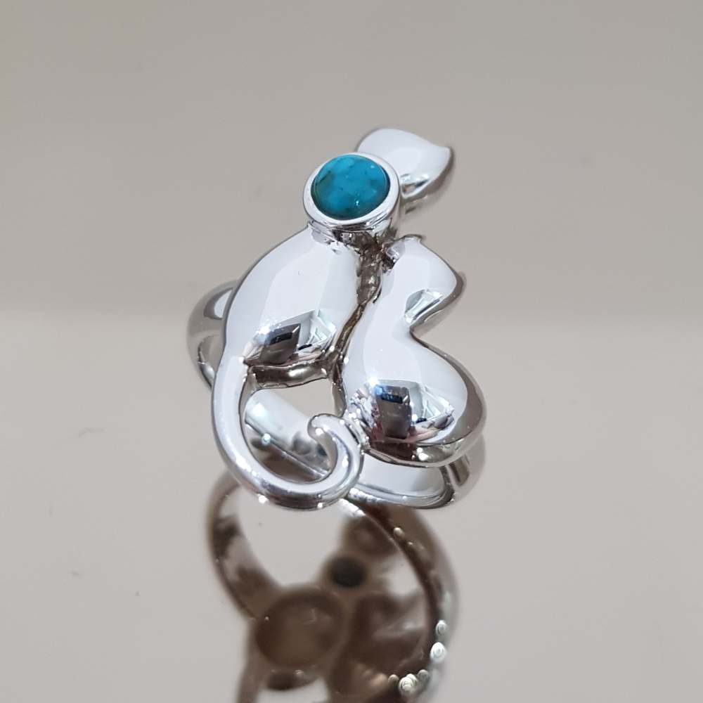 แหวนหินนําโชค รูปแมว เงินแท้ 925 เทอร์ควอยซ์ สีฟ้าจาก อเมริกา Turquoise ทรงรูปกลม 5 มม Turquoise Cat Design Ring 925 Sterling Silver