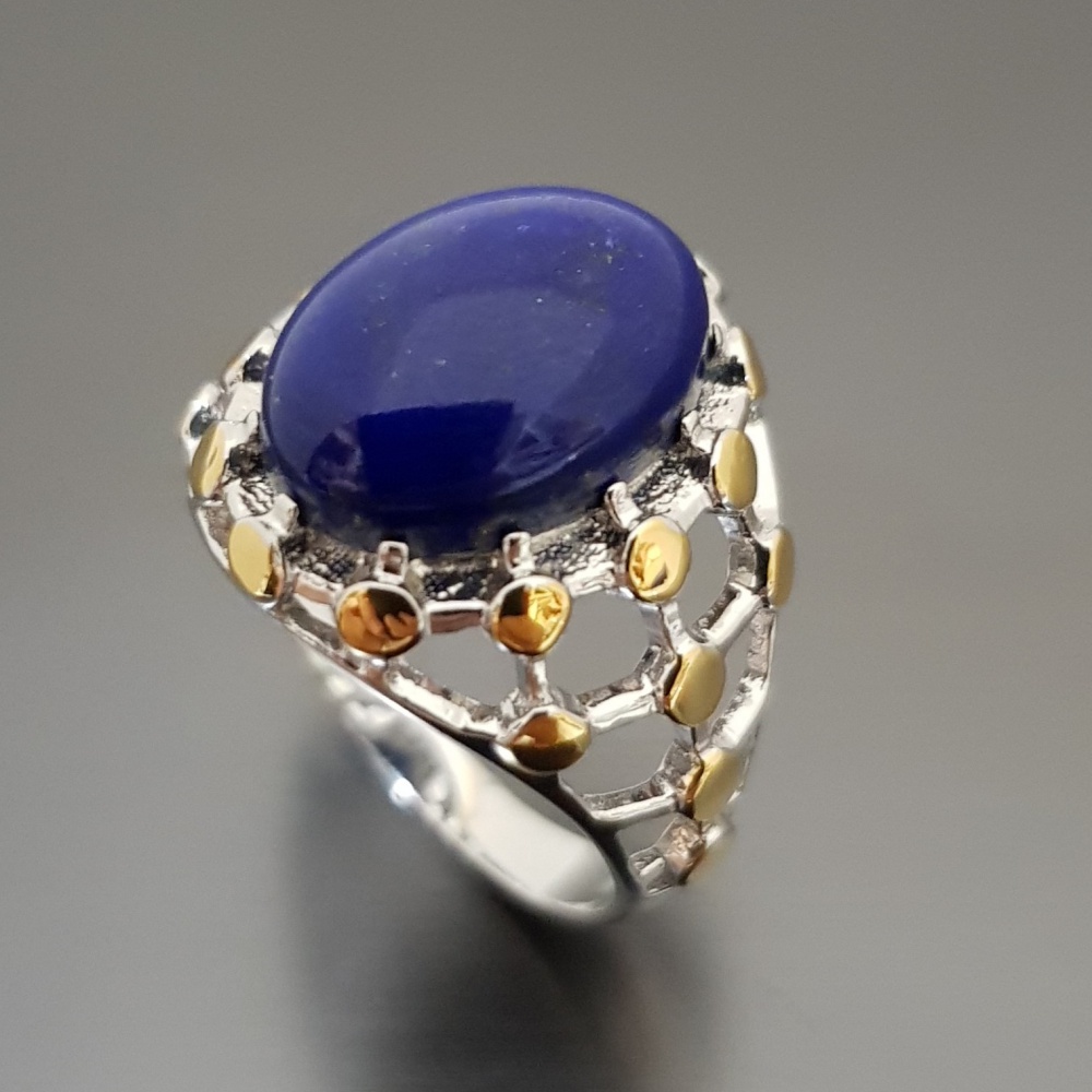แหวนลาพิสลาซูลี แหวนหินนําโชค เงินแท้ 925 ขนาด รูปไข่ 14x10 มม 925 & 14K Yellow Gold Plated Lapis Lazuli Oval 14x10 mm Geometric Design Big Bold Ring Sterling SIlver