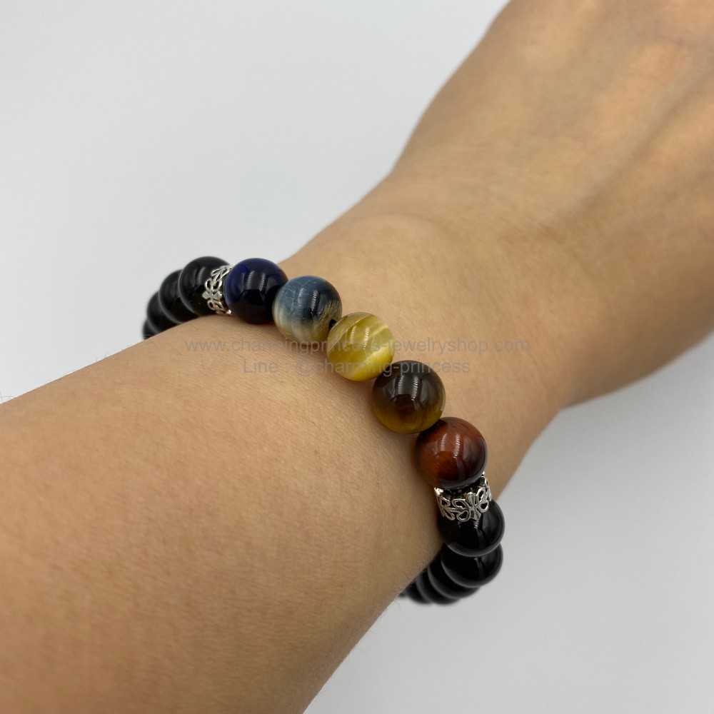 5 พยัคฆราช Tiger Eye Multi Colors & Black Onyx หินตาเสือครบทุกสี และ โอนิกซ์ 8 มม แก้ปีชง พลิกฟื้นดวงชะตา แคล้วคลาดปลอดภัย หินแก้ปีชง ประดับตัวคั่นมังกรเงินแท้ เป็นสัญลักษณ์แห่ง พลัง อำนาจ ความยิ่งใหญ่ และ เสริมดวงด้านการงานการเงิน การงาน