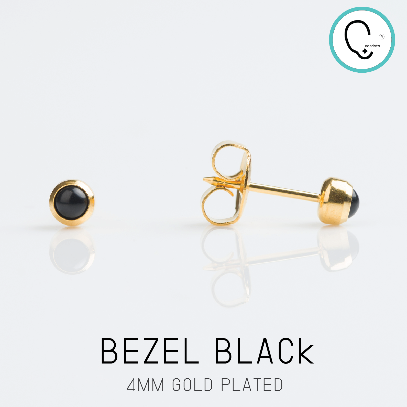 (ส่งฟรี แถมฟรีแป้นหมุดตัน)ต่างหูสำหรับผิวแพ้ง่าย BEZEL 3MM BLACK ก้านสีทอง สแตนเลสเกรดการแพทย์ ปลอดภัย 100%_STD024