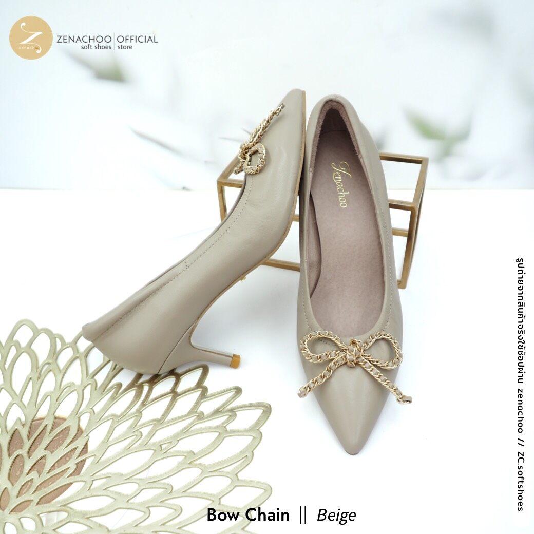 ทรงปกติ เปลี่ยนไซส์ได้-ไม่รับคืน ทรงที่ขายดีที่สุด Zenachoo รุ่น Bow Chain สูง 2 นิ้ว รองเท้าหนังแกะแท้ หนังนิ่ม พื้นนุ่ม