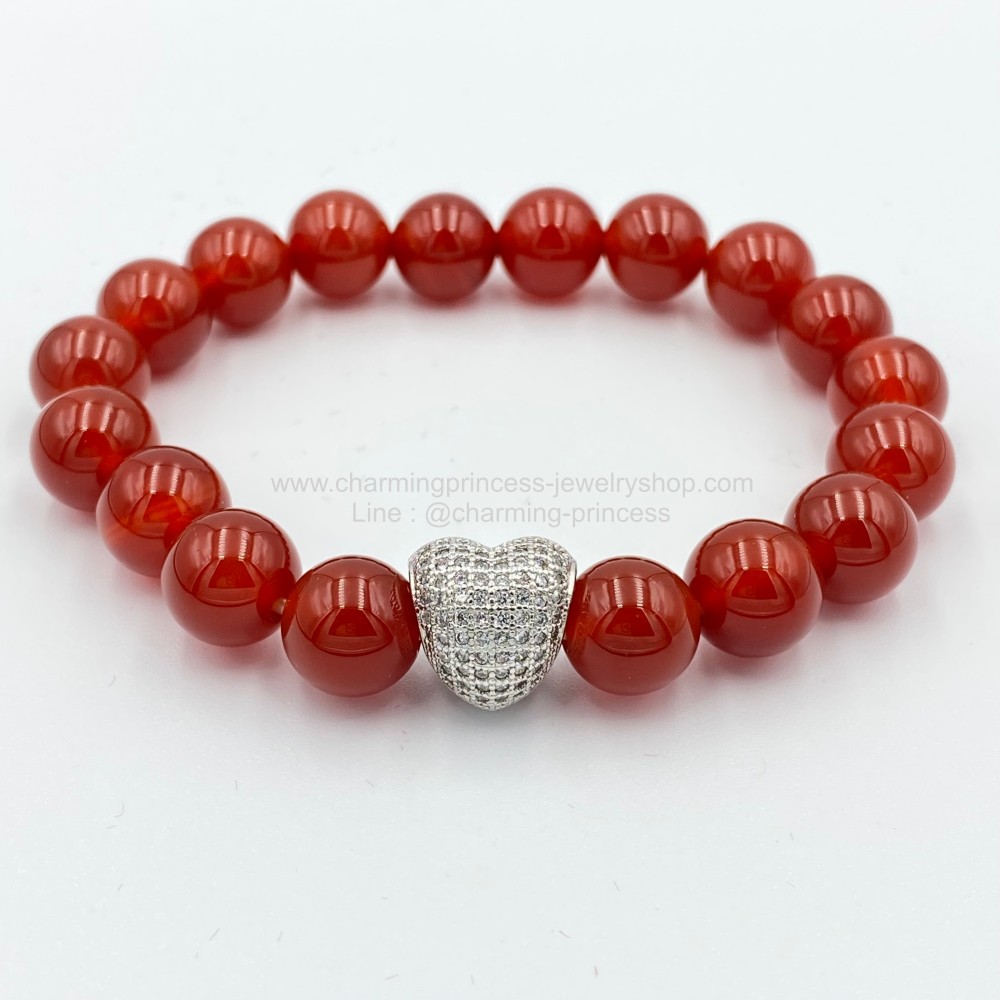 Carnelian คาร์เนเลียน คาเรเนียน 10 มม เทวีแห่งความอุดมสมบูรณ์ ช่วยเรื่องการเงินและสุขภาพ ประดับ หัวใจฝังCZ