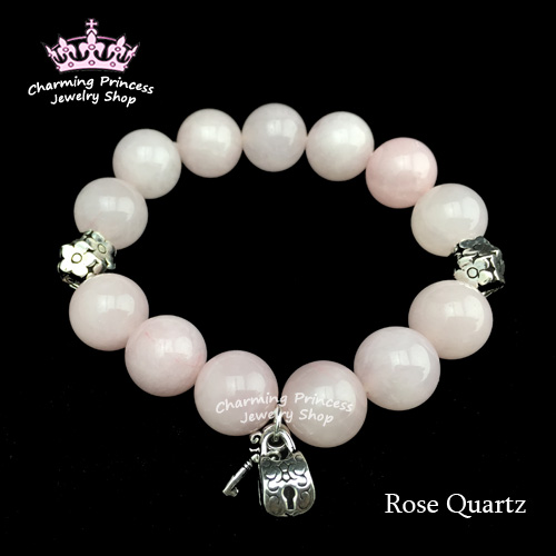Rose Quartz โรสควอตซ์ 12 มม ประดับดอกไม้และกุญแจแห่งความรัก Rose Quartz with 925 Sterling Silver Blooming Flower and Key of Love ตัวแทนแห่งความรักและความเป็นหญิง