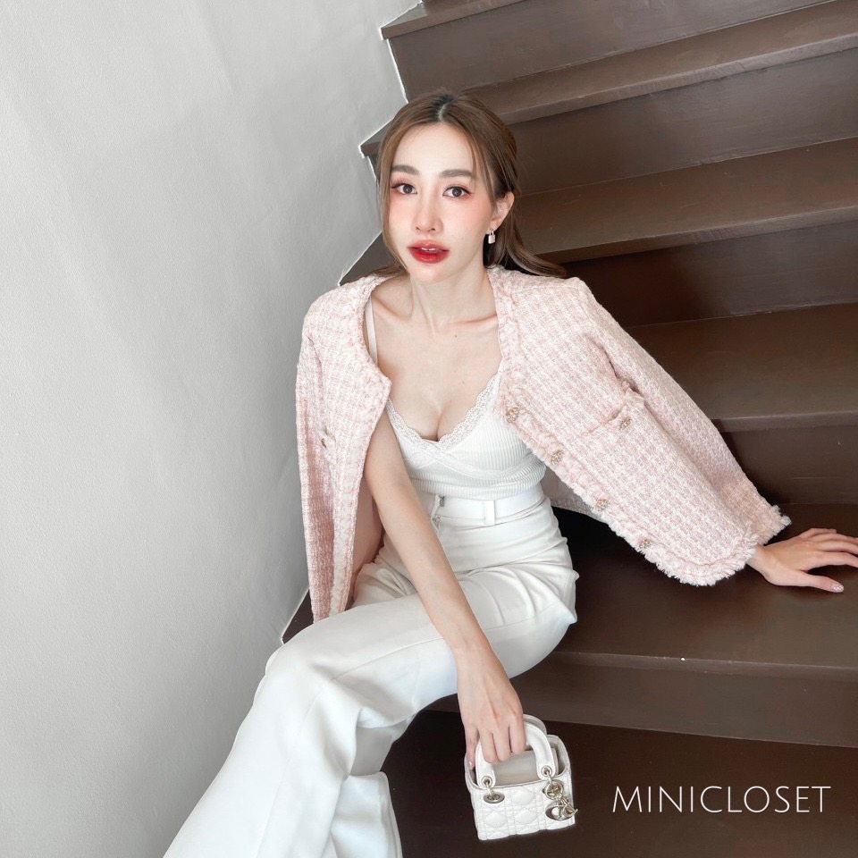 เสื้อทวีตแขนยาว เสื้อคลุมผ้าทวีตสีชมพู สีครีม งานสวยหรู