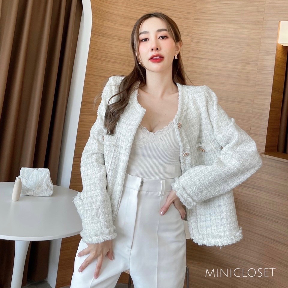 เสื้อทวีตแขนยาว เสื้อคลุมผ้าทวีตสีชมพู สีครีม งานสวยหรู