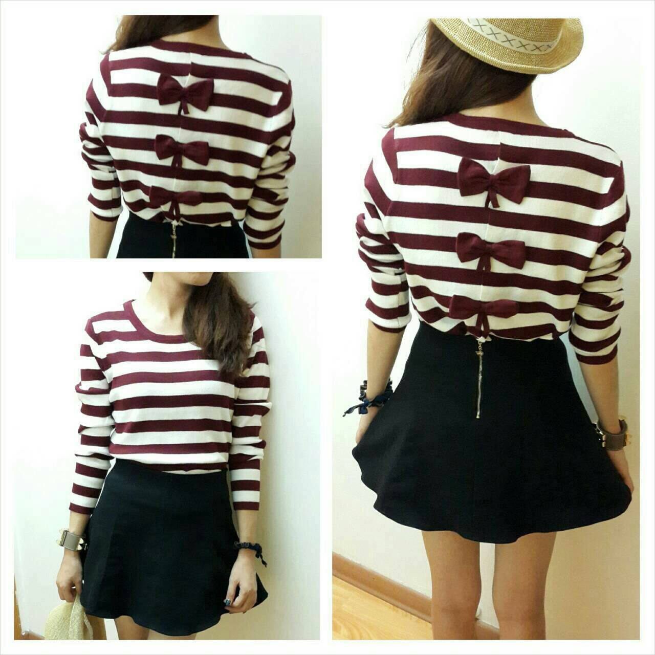 กลับมาตามคำเรียกร้อง !!! ไหมพรมลายขวาง เนื้อผ้านุ่ม ใส่สบาย ออกแบบน่ารักมาก ๆ ด้วยงานติดโบว์ด้านหลัง แมชกับ item