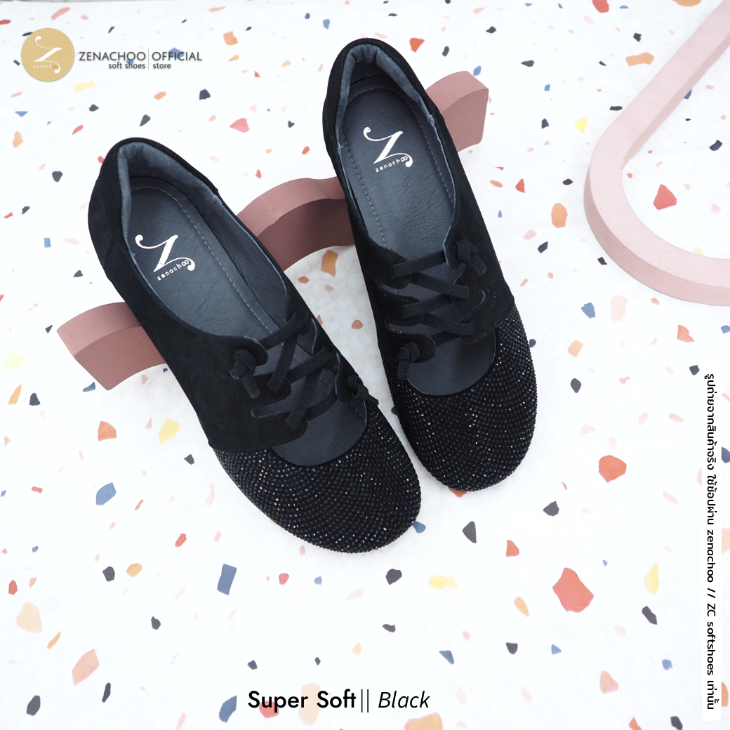 พื้นนิ่มตะลึง หน้ากว้าง ใส่สบายสุด ทรงปกติ เปลี่ยนไซส์ได้-ไม่รับคืน Zenachoo Super Soft สูง 1 นิ้ว รองเท้าหนังแกะแท้