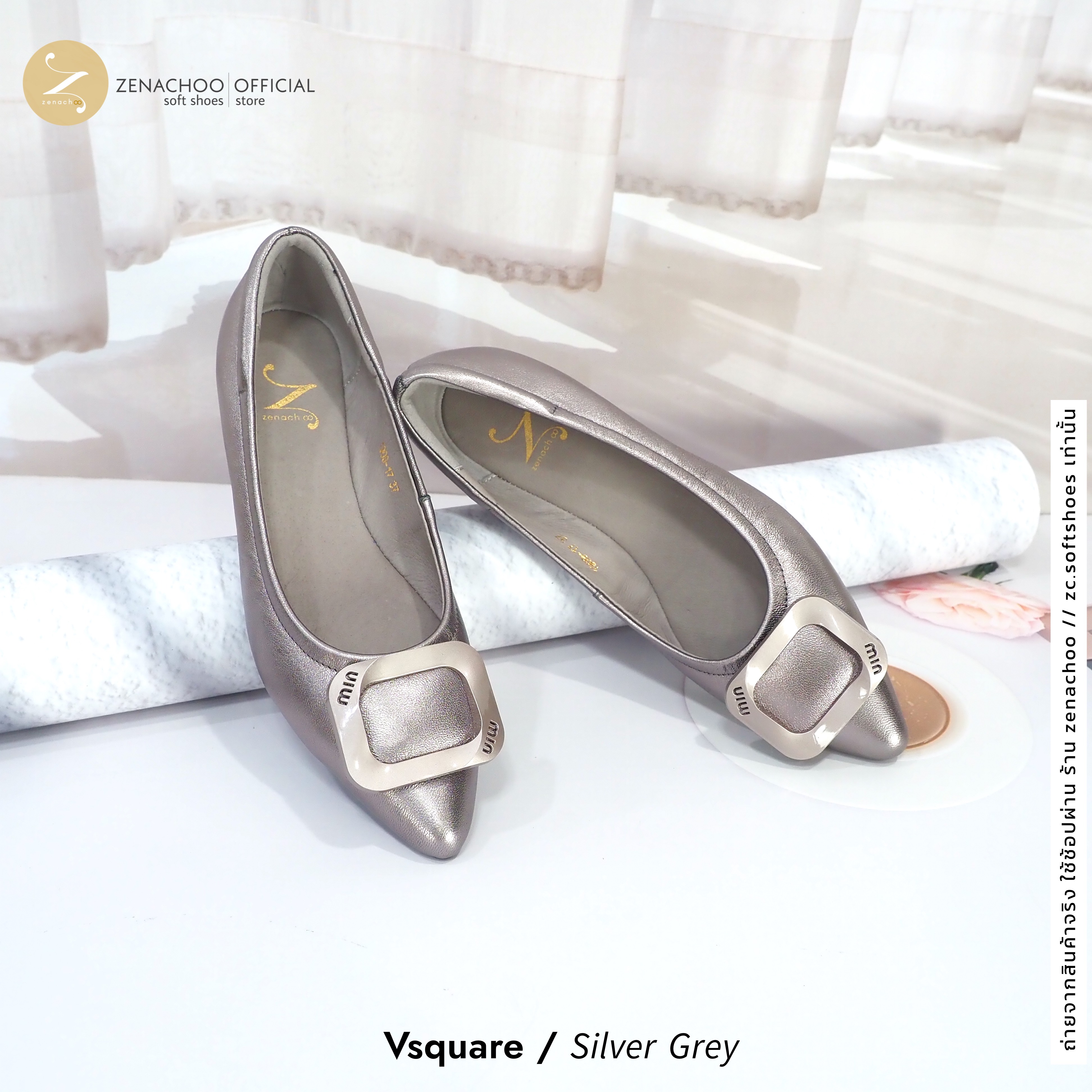 ทรงปกติ เปลี่ยนไซส์ได้-ไม่รับคืน Zenachoo รุ่น Vsquare สูง 1นิ้ว รองเท้าหนังแกะแท้ หนังนิ่ม พื้นนุ่ม