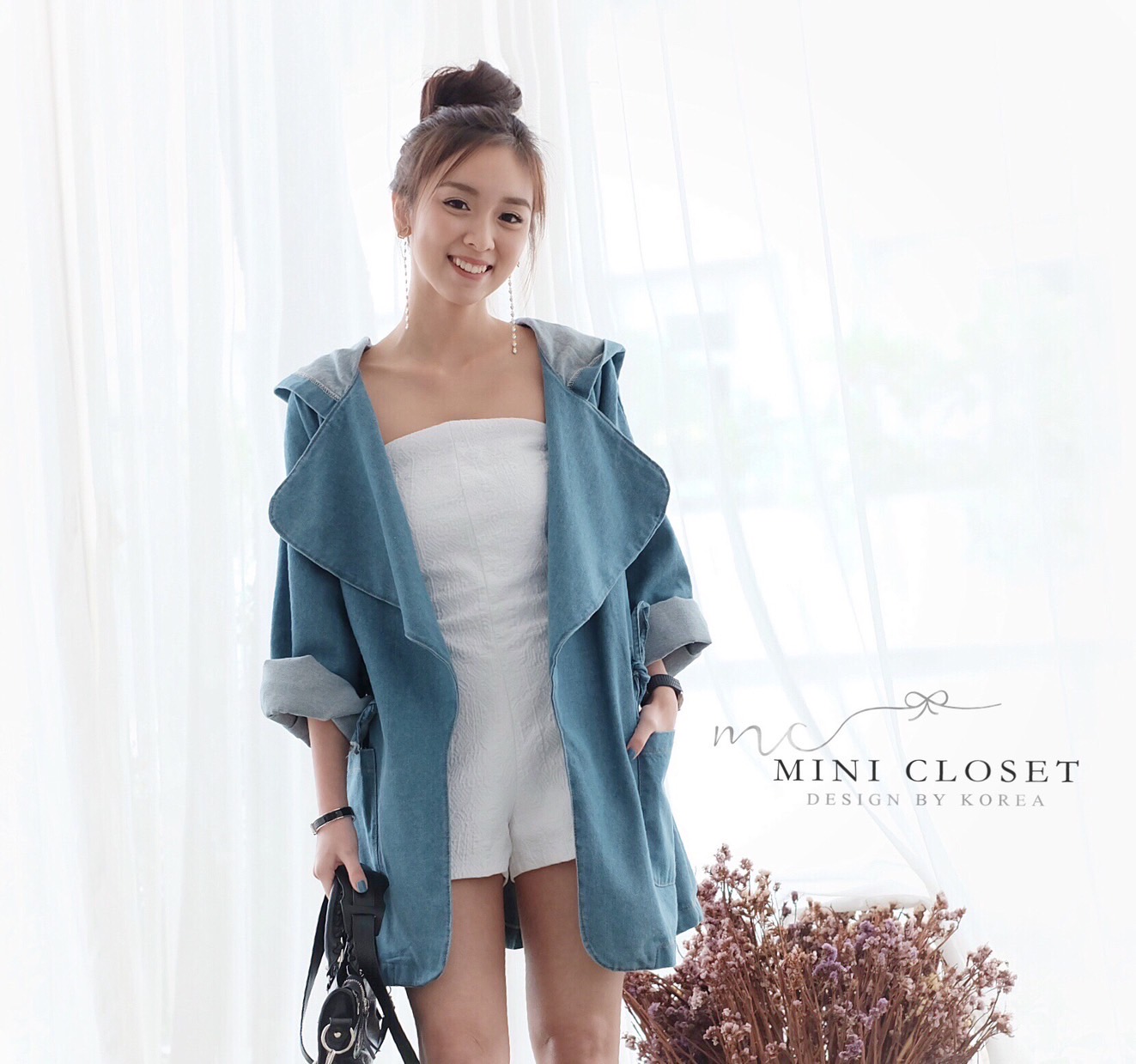 เสื้อคลุมยีนส์แขนยาวปกใหญ่มีฮู้ดน่ารักๆ