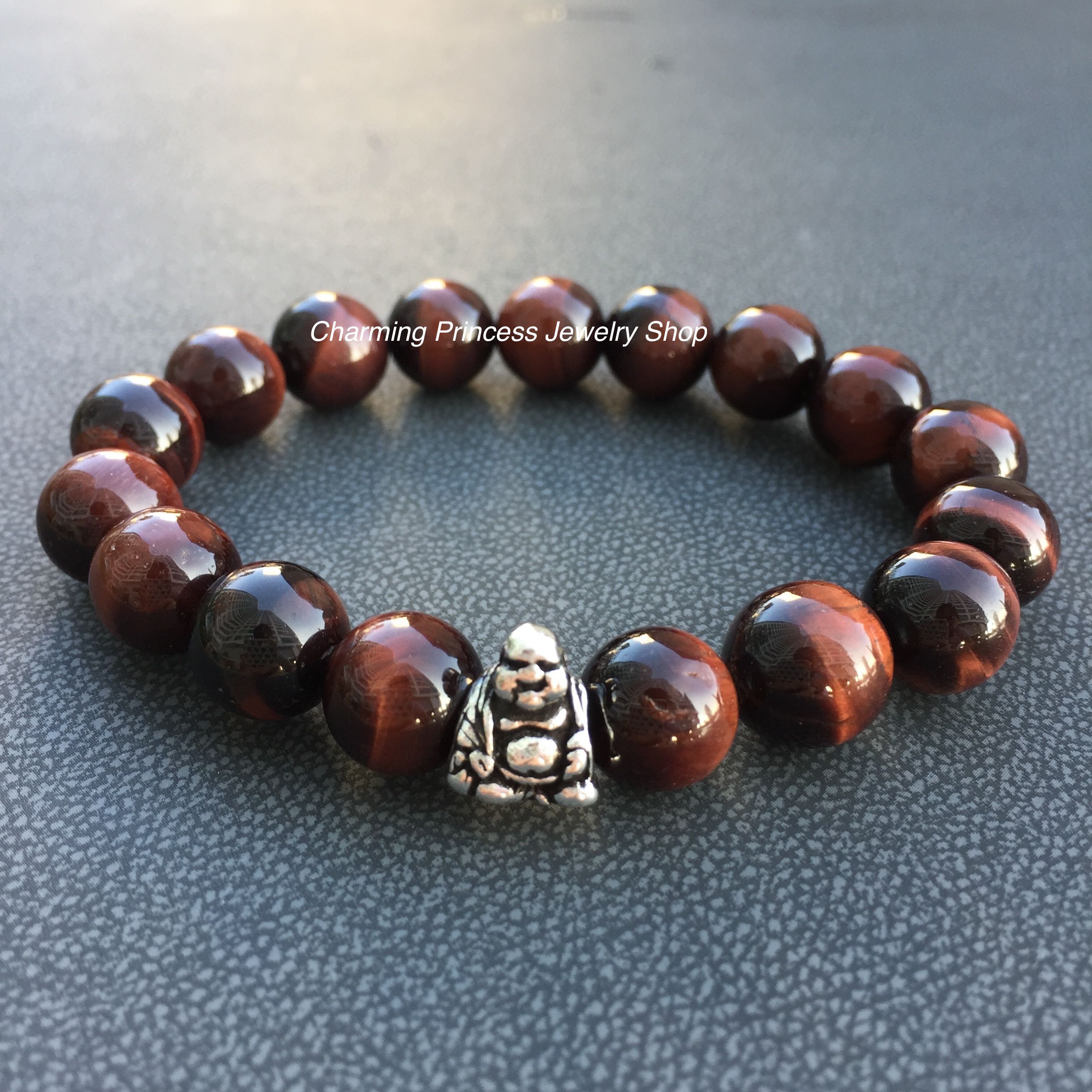 Tiger Eye Red เรด ไทเกอร์อาย ความหมาย หินแก้วตาเสือ 10 มม ประดับ Happy Buddha เงินแท้