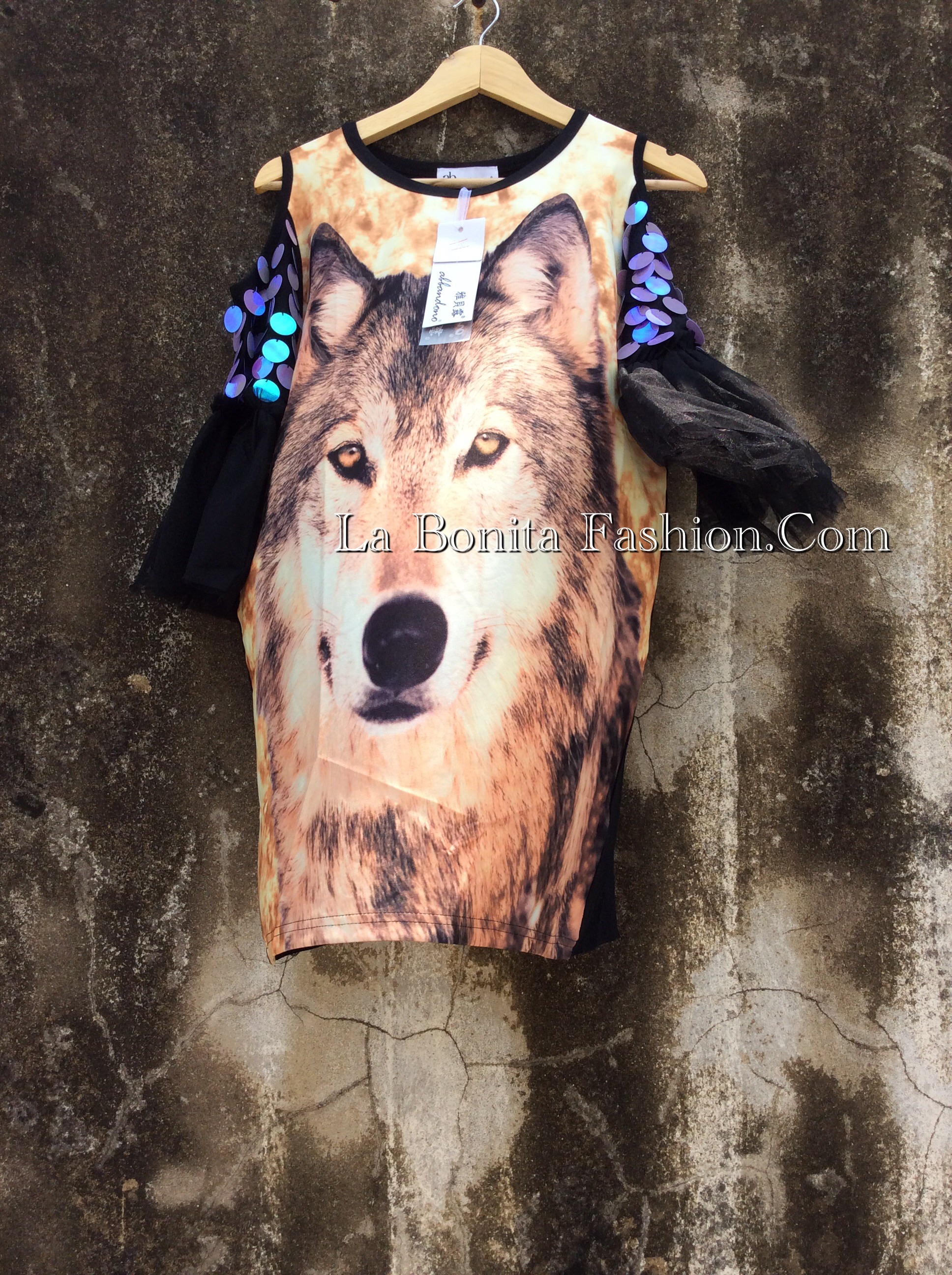 ชุดเดรสลายหมาจิ้งจอกแต่งแขนฟรุ้งฟริ้ง แบบที่กำลังHot ฮิตมากๆ