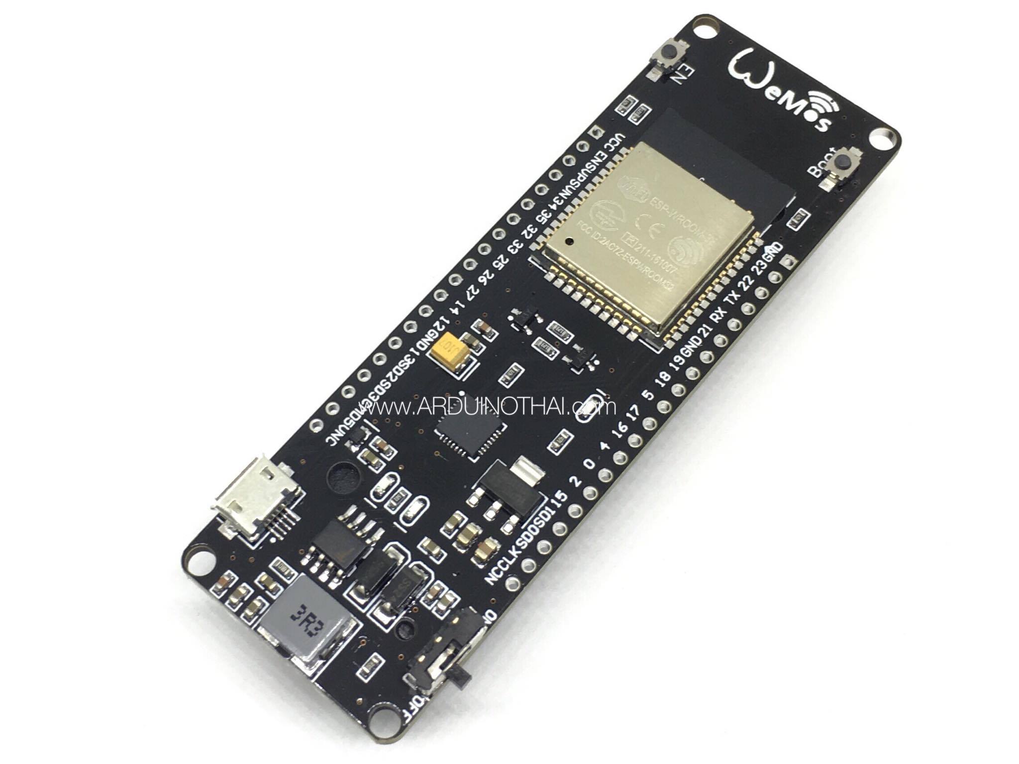 Wemos ESP32 wifi and bluetooth + 18650 Battery Socket บอร์ด ESP32 พร้อมวงจรชาร์จแบตในตัว สต็อกไทยส่งไว
