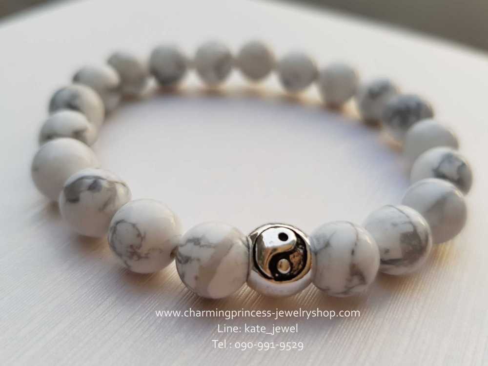 Howlite ฮาวไลท์ 6 มม หินใจเย็น ประดับเงินแท้หยิงหยางสร้างความสมดุล